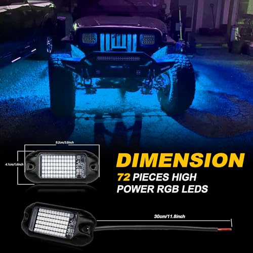 4Pods Pure Blue LED Rock Lights 72w high Power Rock Lights Neon Underglow Light for Car Trucks ATV UTV SUV Boat Underbody Glow Trail Rig Light IP68 Waterproof (Pure blue rock lights - 4 pack)