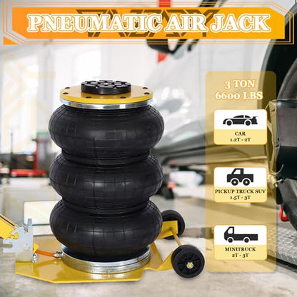 3T Triple Bag Air Jack 6600lbs Pneumatic Jack 3s Fast Lift Up 16in Airbag Jack with Adjustable Long Handle Heavy Duty Triple Air Bag Jack Lift for Cars Garage (3 Ton / yellow)