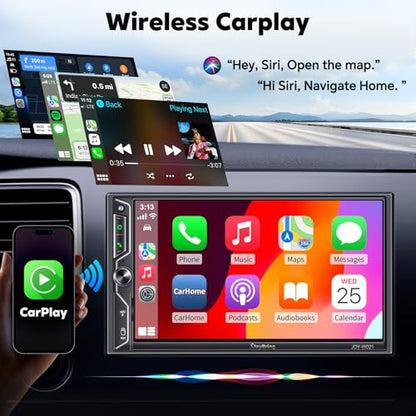 QLED Screen Upgrade] 7" Double Din Car Stereo with Wireless Apple CarPlay and Android Auto (Black W021)