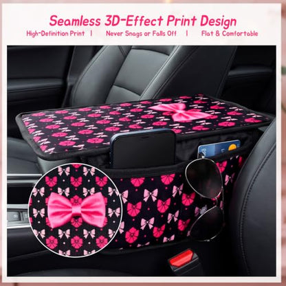 Pink Bow Car Center Console Armrest Cover with 2 Side Pockets (Bows-Black&Pink)