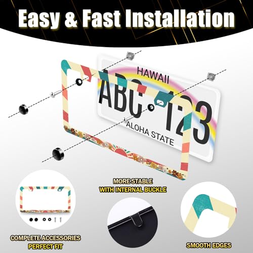 Retro Sun License Plate Frame Boho Floral License Plate Holder with 2 Holes (Sun Boho Retro Hippie Flowers Floral)