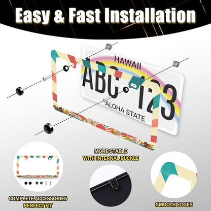 Retro Sun License Plate Frame Boho Floral License Plate Holder with 2 Holes (Sun Boho Retro Hippie Flowers Floral)