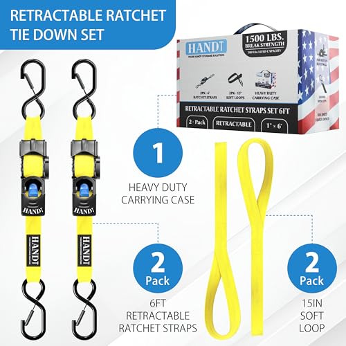 USA Based Retractable Ratchet Straps (1in x 6ft - 2 Pack / Yellow)