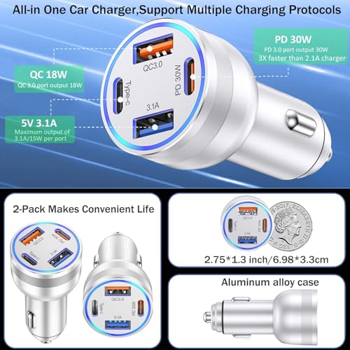 4 Port USB C Car Charger Fast Charging (2 Pack / Silver)