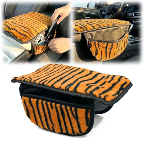 Plush Animal Print Car Center Console Cover with Side Pockets