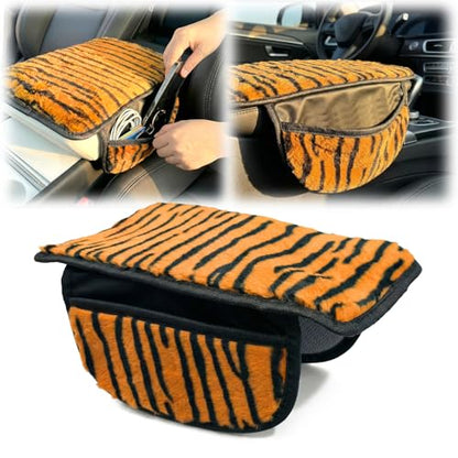 Plush Animal Print Car Center Console Cover with Side Pockets