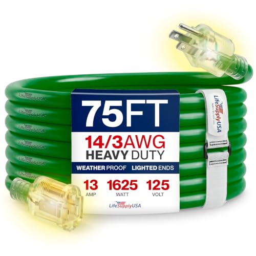 75ft Outdoor Indoor Extension Cord 14 (75 FT / 14AWG / Green)
