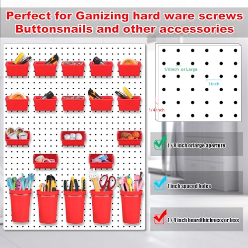 20 Pcs Pegboard Bins and Cups Accessories with Hooks (Red)