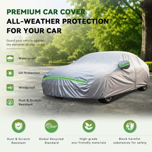 6 Layers Premium Sedan Car Cover Waterproof All Weather Weatherproof UV Sun Protection Snow Dust Storm Resistant Outdoor Exterior Custom Form (Silver Car Cover / K3 - Sedan -（Fits size 188"-198"）)