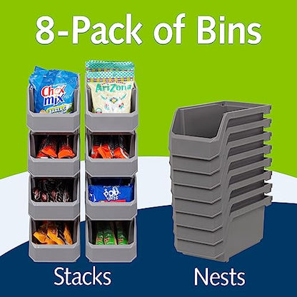 Medium Stackable Plastic Storage Bins (Grey / Medium, 8-Pack)