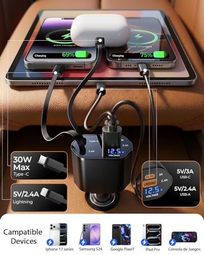 4 in 1 Retractable Car Charger (Black)