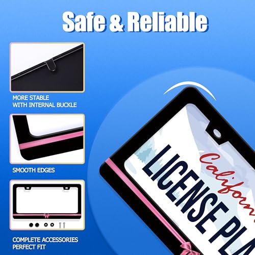 Pink Bow License Plate Frame Stainless Steel Accessory 12.3" x 6.3" (Cute Pink Pattern)