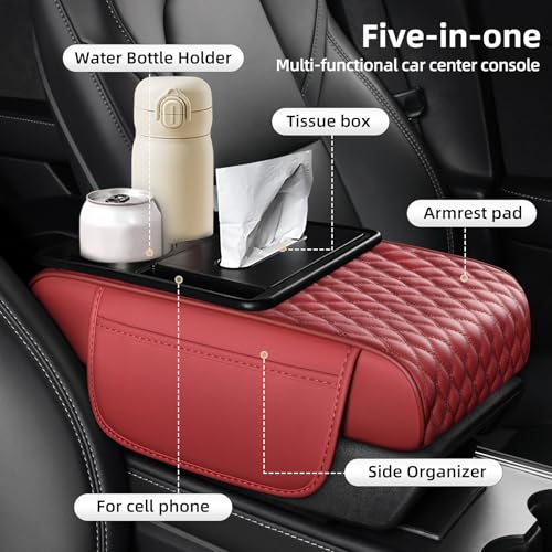 5-in-1 Car Center Console Armrest Cover Pad, Multifunctional Car Arm Rest Organizer with Cup Holder, Tissue Slot & Side Storage Pockets, Soft Leather Auto Armrest Cushion, Black, Claret (Claret)