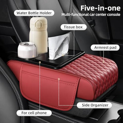 5-in-1 Car Center Console Armrest Cover Pad, Multifunctional Car Arm Rest Organizer with Cup Holder, Tissue Slot & Side Storage Pockets, Soft Leather Auto Armrest Cushion, Black, Claret (Claret)