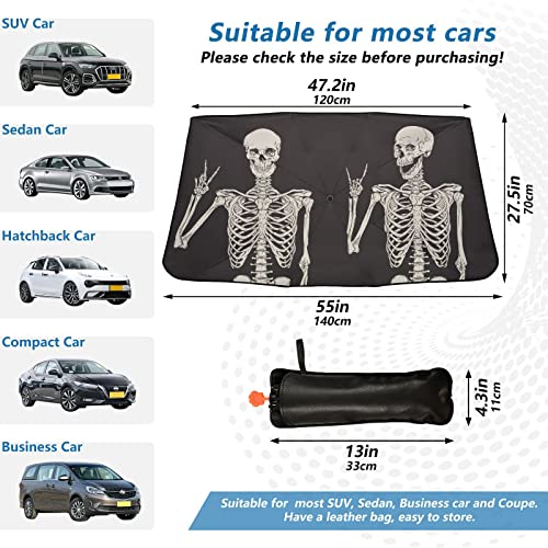 Skull Windshield Sun Shade Umbrella Fun Human Skeleton Black Foldable Car Front Window Sunshade Blocks UV Rays Heat Keep Vehicle Cool (multi 15)