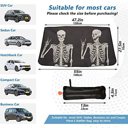Skull Windshield Sun Shade Umbrella Fun Human Skeleton Black Foldable Car Front Window Sunshade Blocks UV Rays Heat Keep Vehicle Cool (multi 15)
