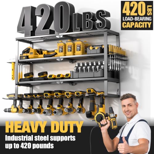 Large Power Tool Organizer Wall Mount (4 Layer 10 Drills Holder Extra Tall)