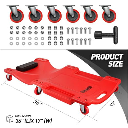 36" L X 17" W x 4.25" H Vehicle Repair Low Profile Automotive Creeper w (Red Wheel 36 Inches / 36 Inches)