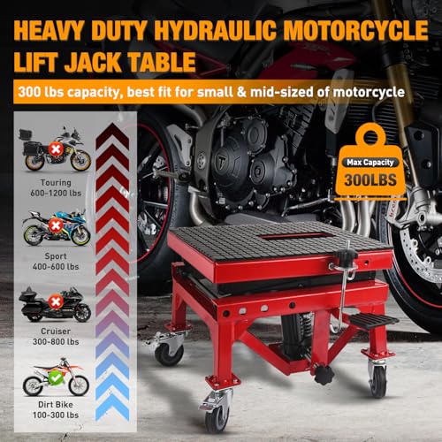 Motorcycle Lift Table Jack 300 LBS Heavy Duty Hydraulic Motorcycle Scissor Jack Lifts Table Foot Pedal with 4 Caster Wheels Wide Deck for Motorbike Dirt Bike ATV Garage Repair Tool (Red Hydraulic Lift Table)
