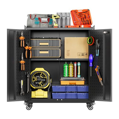 Storage Cabinet with Wheels and Pegboard (Black / 14"D x 26"W x 31.5"H)