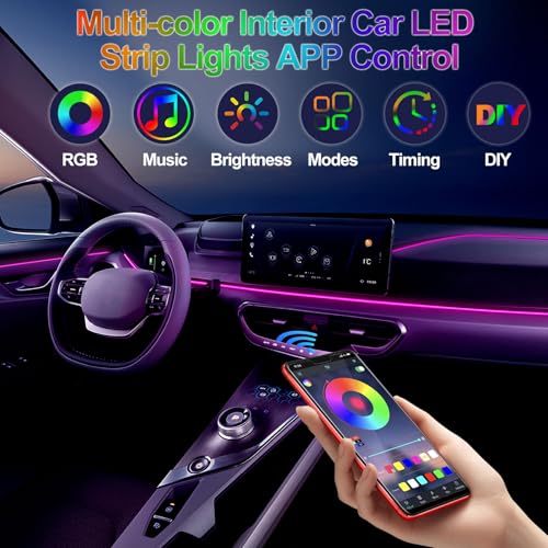 5-in-1 RGB Car LED Lights Interior, Pre-Combined 236inch Fiber Optic Cable (5 in 1 APP Control Car Lights)