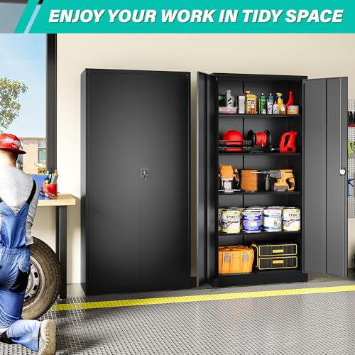 Metal Storage Cabinet with 2 Doors and 5 Shelves (71"H x 31.5"W x 16"D-B / Black)