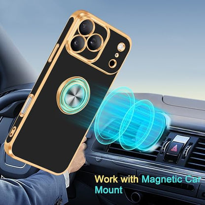 for iPhone 17 Pro Case 360° Rotatable Ring Holder Kickstand Shiny (For iPhone 17 Pro(6.3 inch,2025) / A-Black)