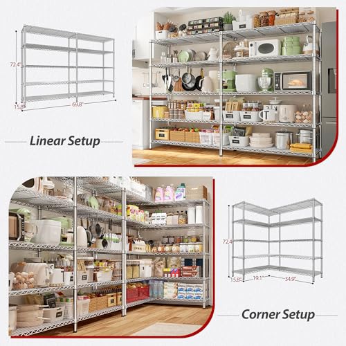 69.8" W Storage Shelves 1510LBS Wire Shelving Unit 5 Tier Metal Shelving for Storage Rack Shelves Adjustable Heavy Duty Garage Shelf Pantry Shelves Kitchen Shelving (Chrome-15.8"Dx69.8"Wx72.4"H-5 Tier)