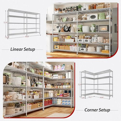 69.8" W Storage Shelves 1510LBS Wire Shelving Unit 5 Tier Metal Shelving for Storage Rack Shelves Adjustable Heavy Duty Garage Shelf Pantry Shelves Kitchen Shelving (Chrome-15.8"Dx69.8"Wx72.4"H-5 Tier)