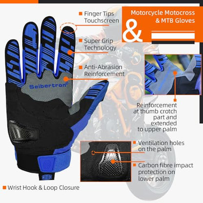 SPS 2 Unisex Touchscreen Road Racing Motorcycle MTB Sports Gloves Also fit BMX MX ATV Mountain Bike Bicycle Cycling Off (Blue SPS-2 / L Youth)