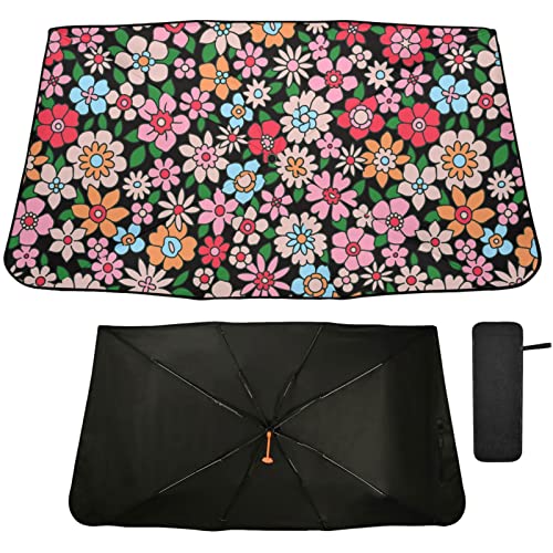 Cute Pink Flowers Windshield Sun Shade Umbrella Colorful Floral Hippie Foldable Car Front Window Sunshade Blocks UV Rays Heat Keep Vehicle Cool (multi 4)