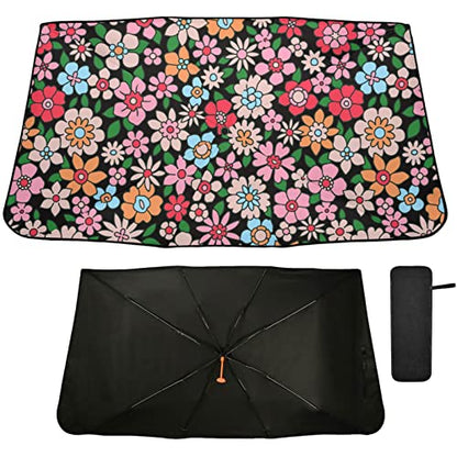 Cute Pink Flowers Windshield Sun Shade Umbrella Colorful Floral Hippie Foldable Car Front Window Sunshade Blocks UV Rays Heat Keep Vehicle Cool (multi 4)