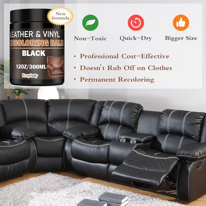 Leather Recoloring Balm Black Leather Dye Vinyl Paint Car Interior Seat Furniture Conditioner Couch Recliner Boots Jacket Shoes Handbag Purse Belt Color Restorer Fade Wear Scratch Remover Repair Kit (Black)