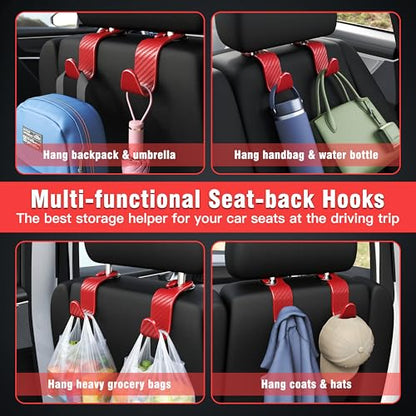 4 Pack Car Headrest Hooks Holds 55lbs Seat Storage Organizer for Bags (Red Check)