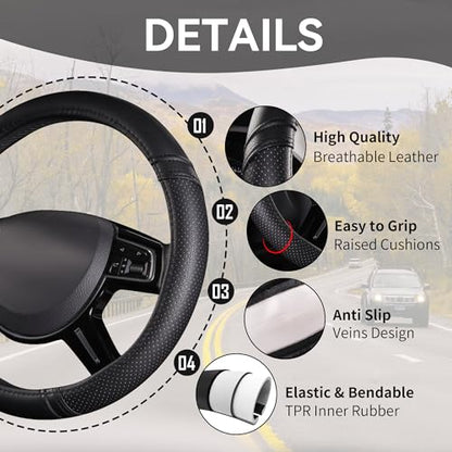 Classical Leather Automotive Universal Steering Wheel Covers (Pure Black)