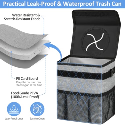 Leak Proof Car Trash Can with Lid Large Grey (Grey / 3 Gallons)