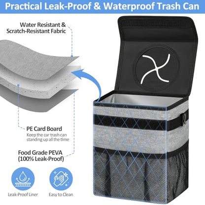 Leak Proof Car Trash Can with Lid Large Grey (Grey / 3 Gallons)
