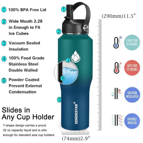 32oz Water Bottle Wide Mouth Stainless Steel Vacuum Insulated Double Wall with Straw Lids Fit in Any Car Cup Holder (Green & Blue / 32 Ounces)