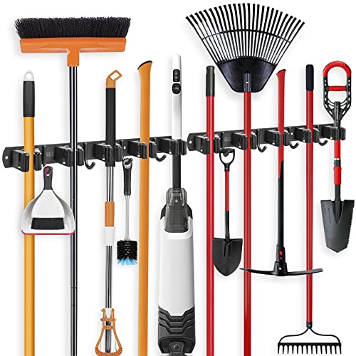 2 Pack Broom Holder Wall Mount (5 Racks with 4 Hooks / 2 Pack)