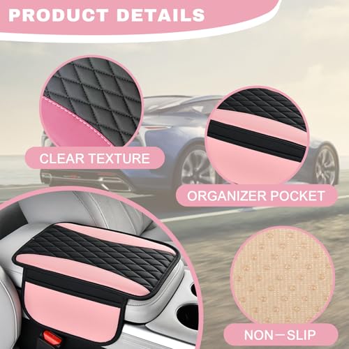 Leather Car Center Console Cover with Side Pockets (Pink)