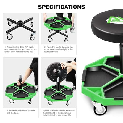 Adjustable Height Pneumatic Garage Seat Rolling Mechanic Stool with Tool Tray Storage (Green)