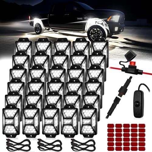 30 Pods Pure White LED Rock Lights Kit with Switch Wiring Harness (30 pods)