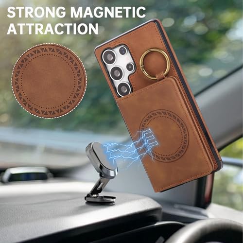 Compatible with Samsung Galaxy S24 Ultra 5G Wallet Case and Screen Protector Crossbody Shoulder Strap Stand Card Holder Magnetic Car Mount Cell Phone Cover for S24Ultra S 24 24Ultra Women Men Brown (Brown / for S24 Ultra)
