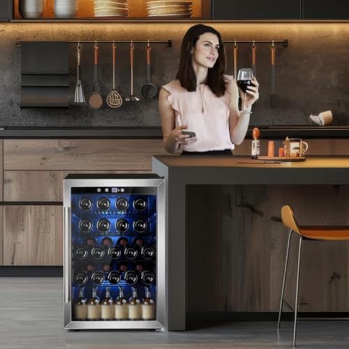 Wine Cooler 37 Bottle Freestanding Fridge with Stainless Steel Reversible Glass Door (Silver)
