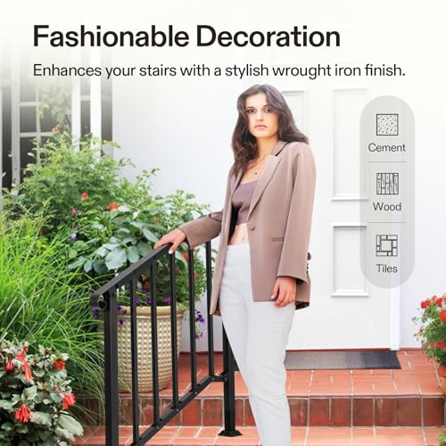 3 Step Railing 40"x36" Wrought Iron with Curved & Balusters Black (Black / 3 Steps)
