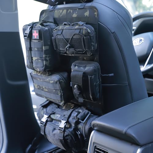 Universal Tactical Seat Back Organizer Vehicle Molle Panel Organizer Storage Bag with 5 Detachable Molle Pouch for All Vehicel Such as Jeep (B model-Black Camo)