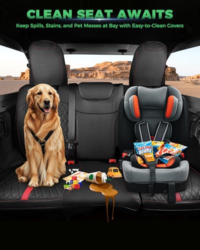 for Jeep Wrangler Leather Custom Car Seat Covers Full Set 4 Door (Black with Red Trim / JL 18-26 4Door Without Rear Cup Holder)