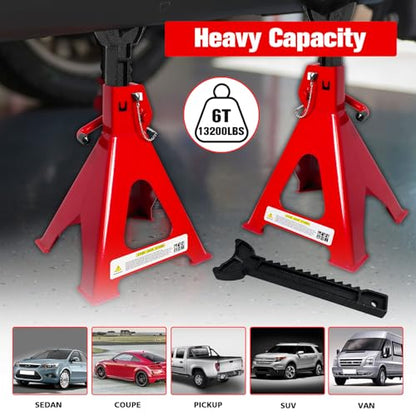 Jack Stands 6 Ton (6 Ton Double Pin Locking with Rubber Pads / Red)