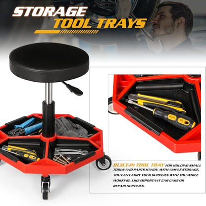 Adjustable Mechanics Stool with Wheels (Red)