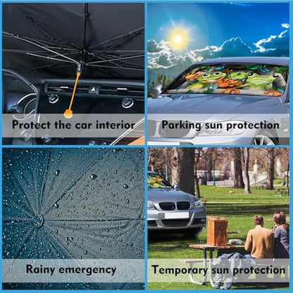Frogs Car Windshield Sun Shade Umbrella Car Windshield Foldable Accessories Blocks Uv Rays Keeps Car Cool Car Foldable Umbrella Sunshade for Front Window Universal (One Size / Frogs)